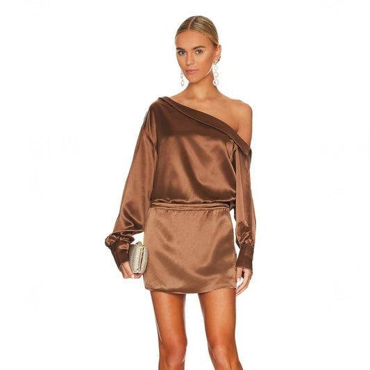 NEW retrofete Elio Mini Dress in Cognac Brown Silk Satin Long Sleeve Small S