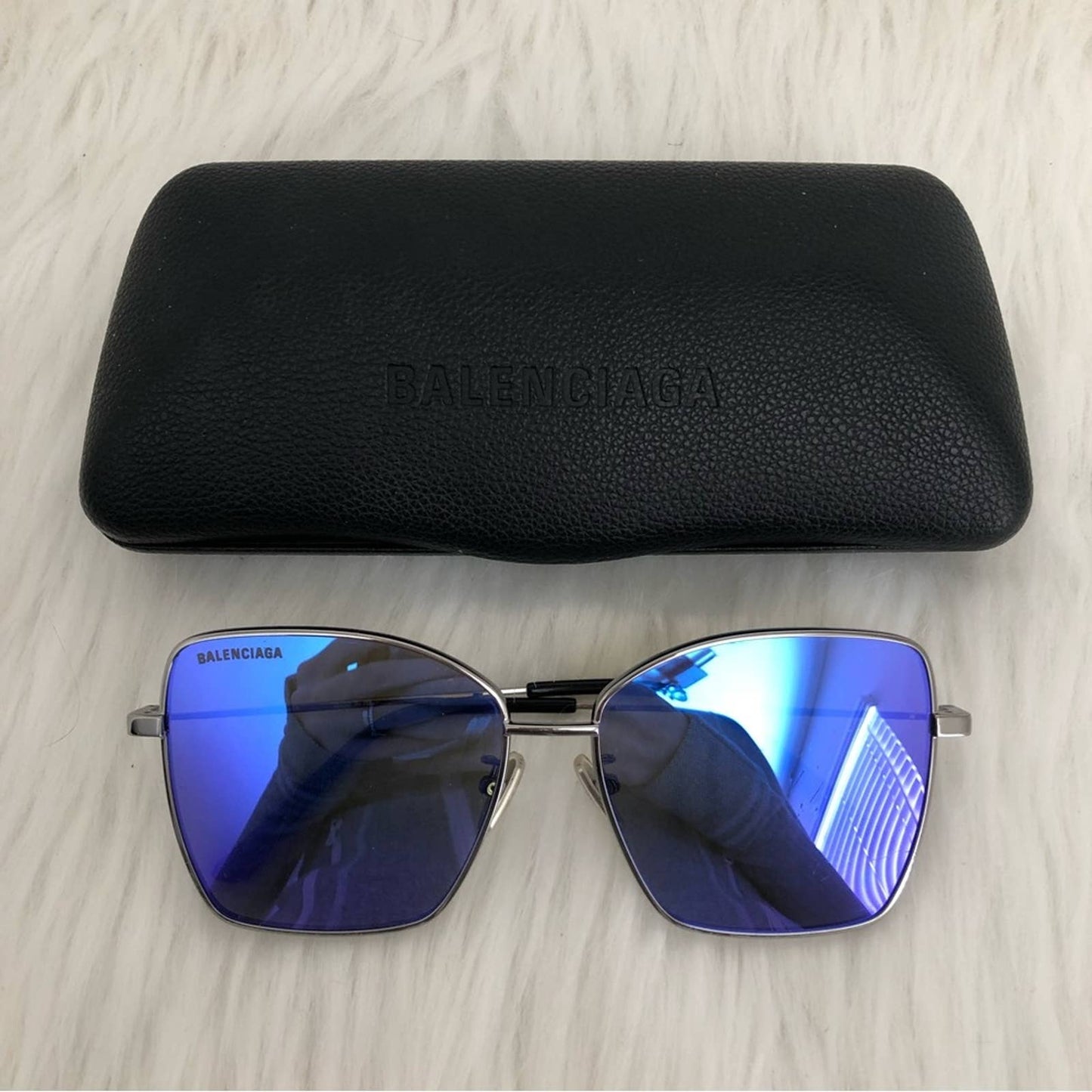 Balenciaga Trim Square Sunglasses in Ruthenium Blue Silver Oversized Sun Glasses