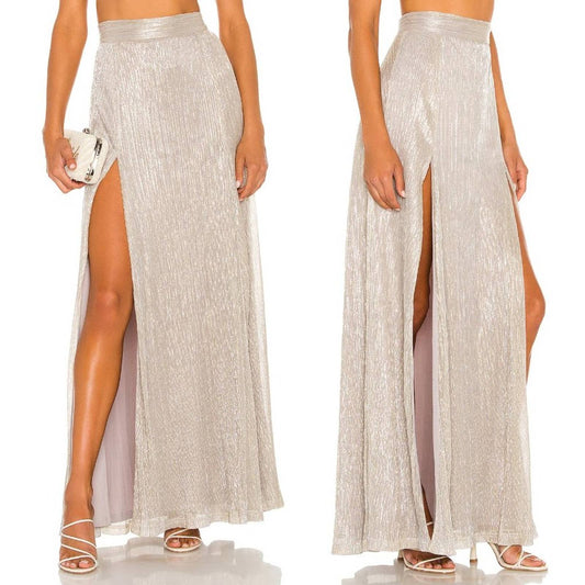 NEW Nookie Alchemy Maxi Skirt Crystal Silver Gold Beige Nude Metallic XS XSmall