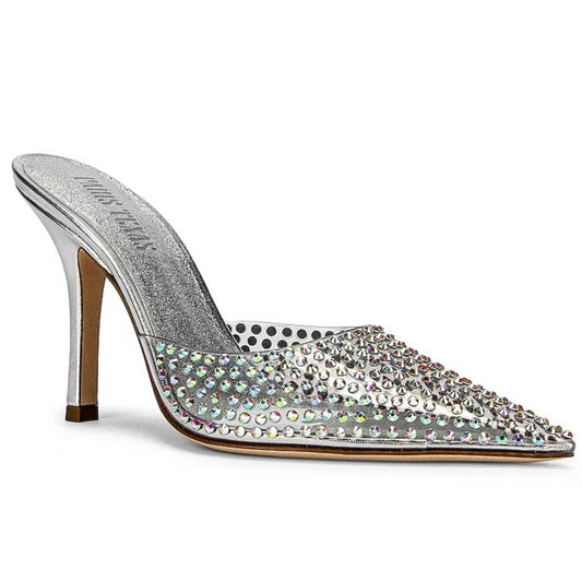 NEW Paris Texas Hollywood 95 Mule Iridescent Silver Crystal Clear Pump Heel 38 8