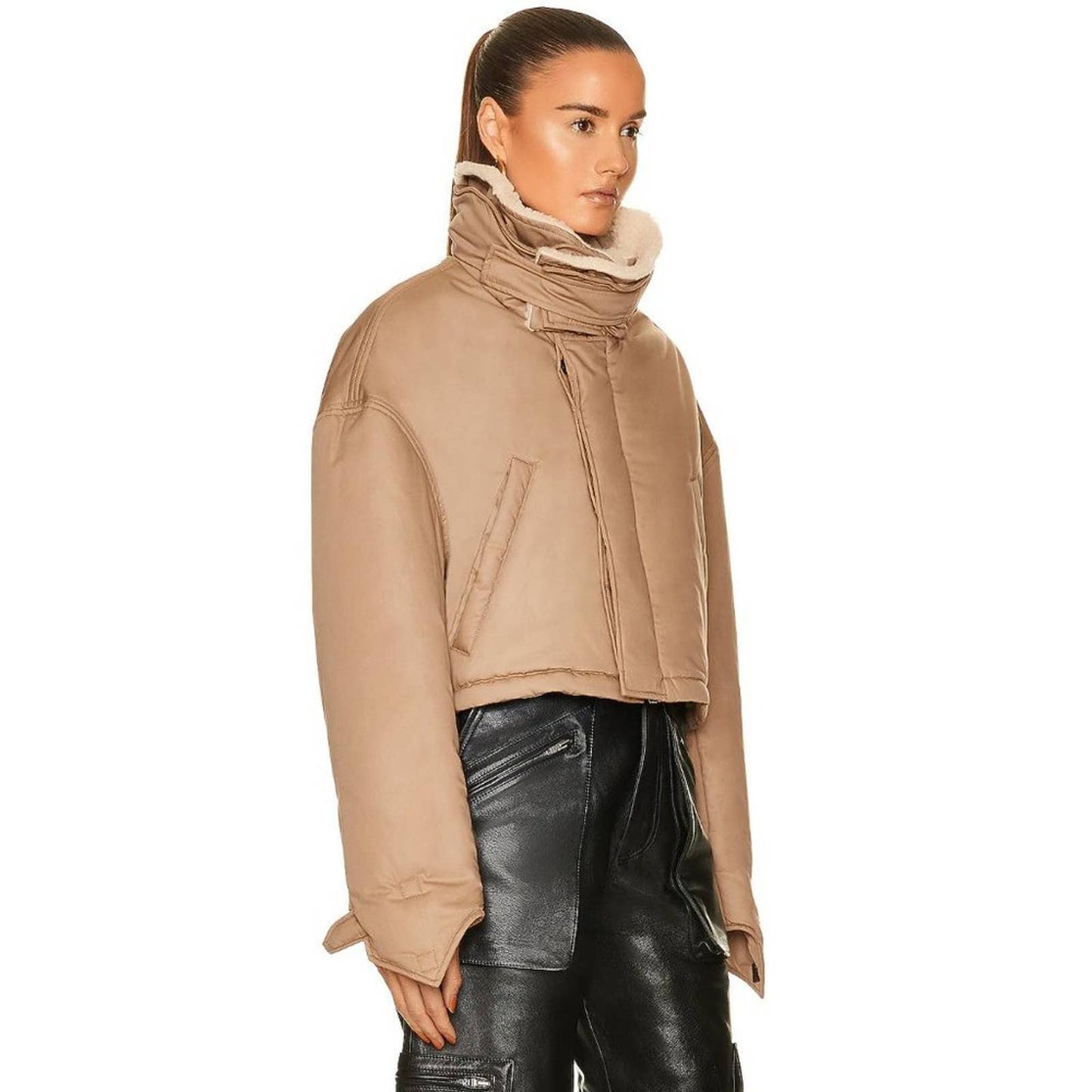 Amiri Short Parka in Dark Khaki - Tan Brown Cropped Bomber - Small S