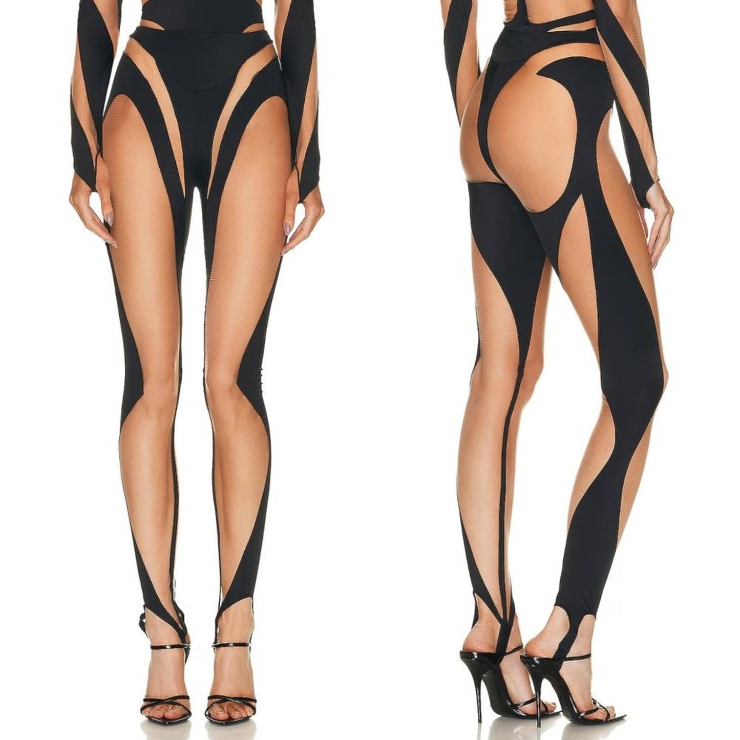 NEW Mugler Bare Leg Leggings in Black & Nude 01 Sheer Mesh Cutout 38 / 6