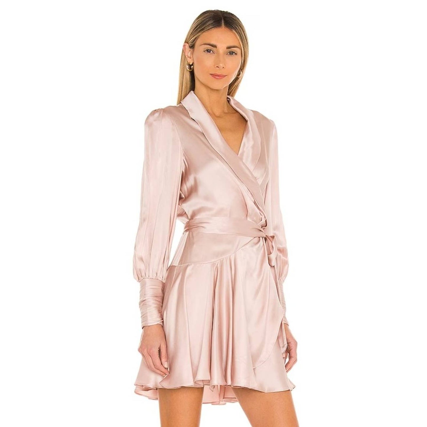 NEW Zimmermann Silk Wrap Mini Dress Petal Light Pink Satin Long Sleeve Large 3