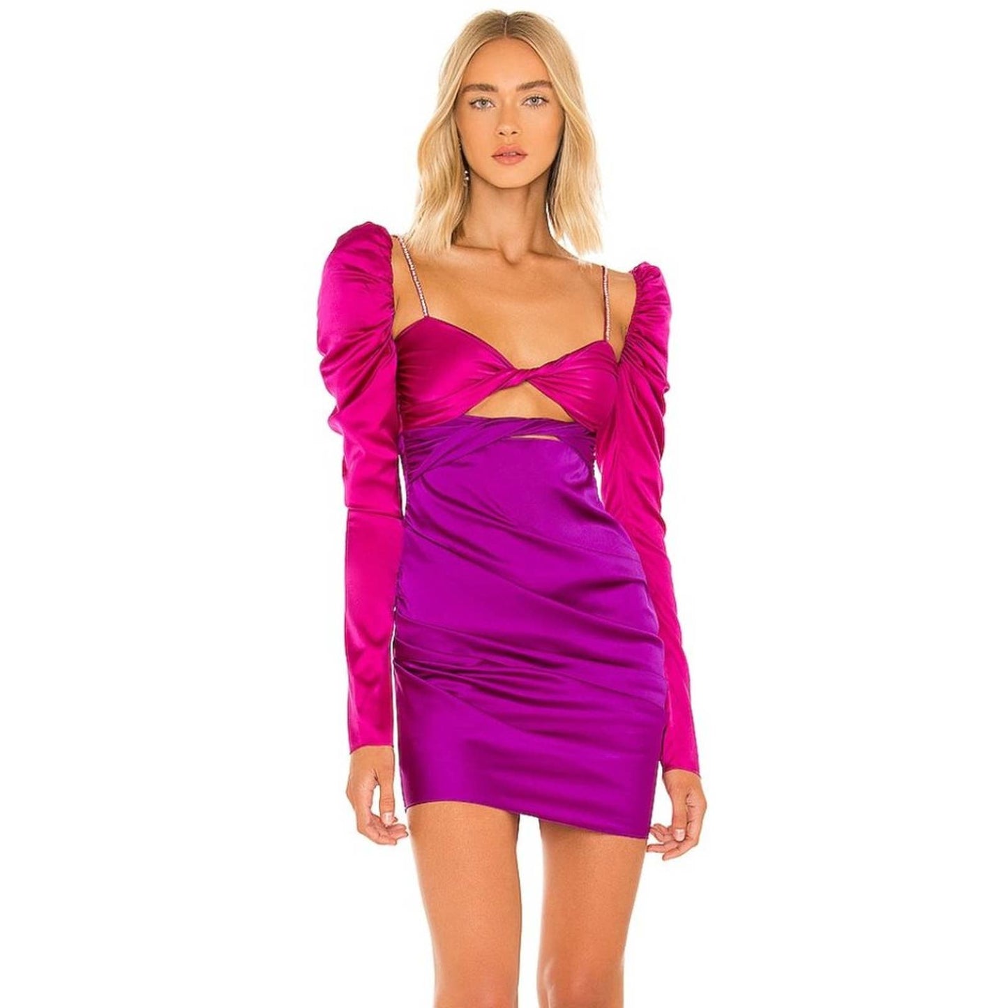 The Bar Silk Twist Mini Dress in Pink & Purple - Silk Satin Neon Club - 0 XS XXS