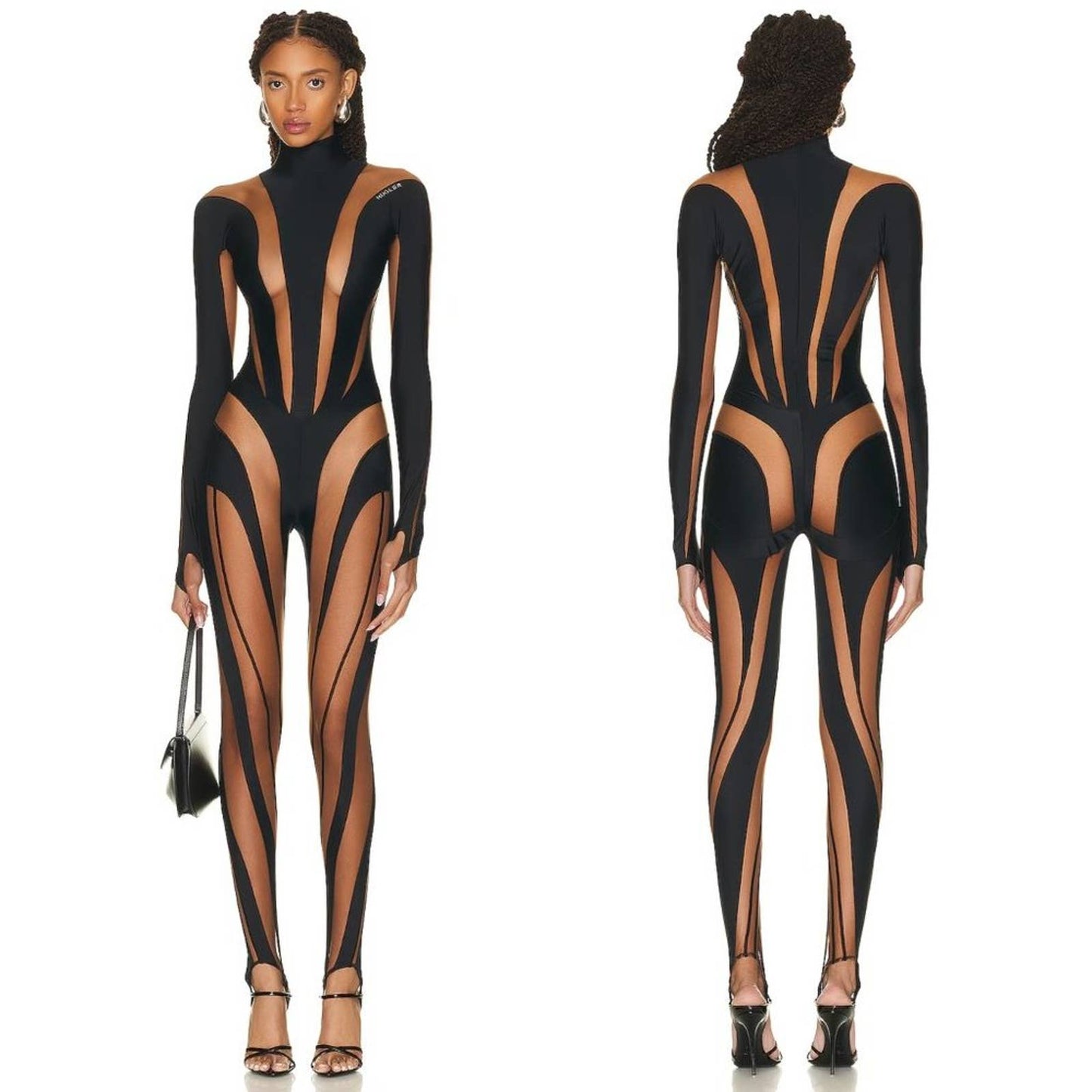 NEW Mugler High Neck Catsuit in Black & Nude 02 Long Sleeve Bodysuit Jumpsuit 38