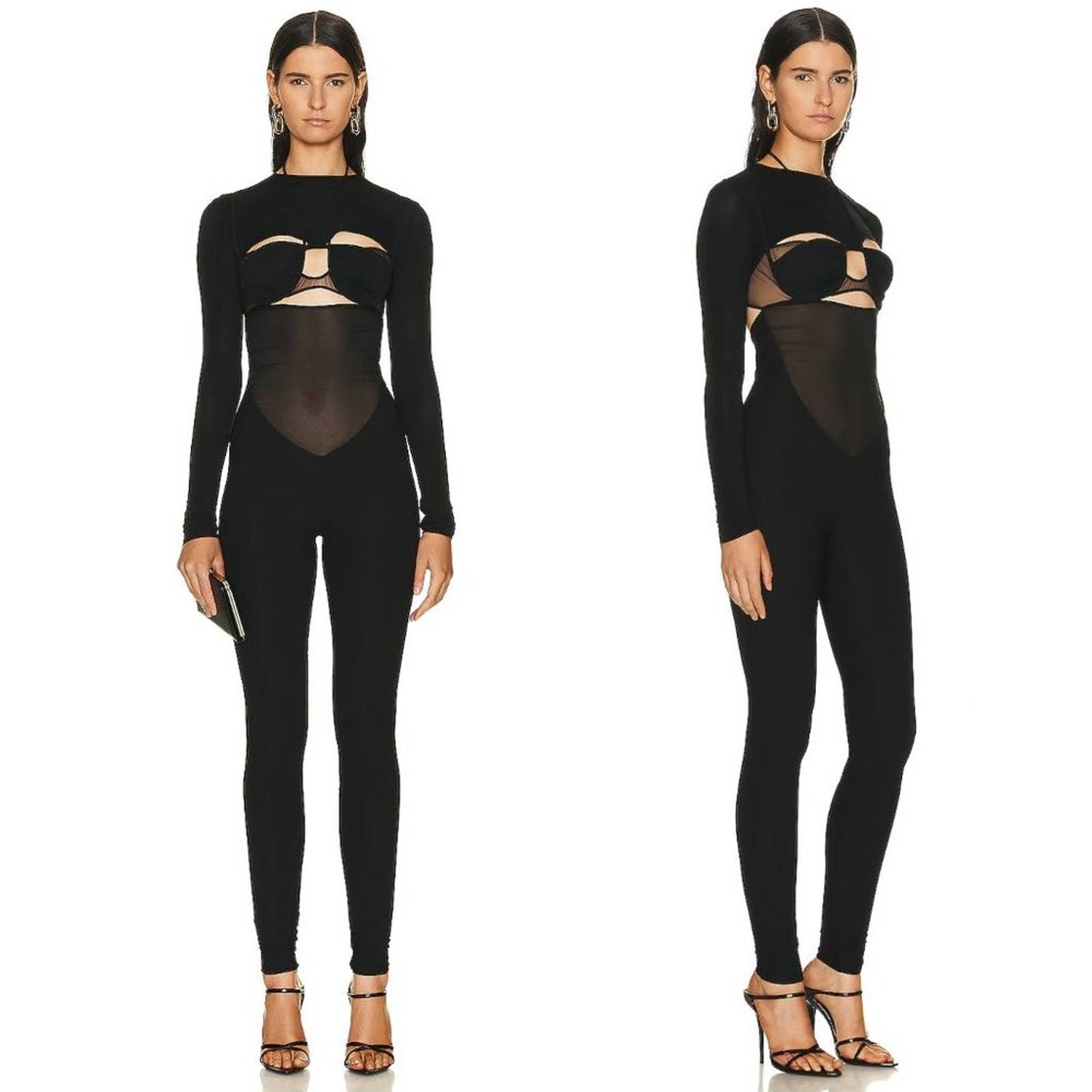 NEW Nensi Dojaka Draped Double Bra Fitted Long Sleeve Jumpsuit in Black Small S