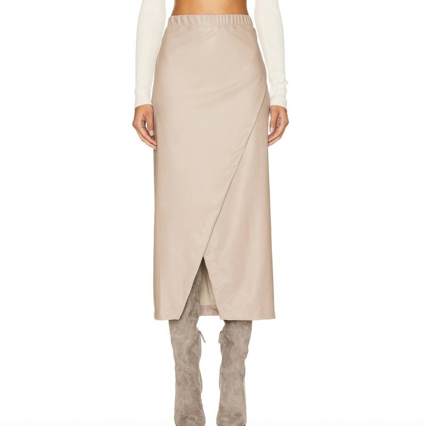 NEW Enza Costa Matte Vegan Leather Wrap Midi Skirt in Putty Beige Nude 2 MEDIUM