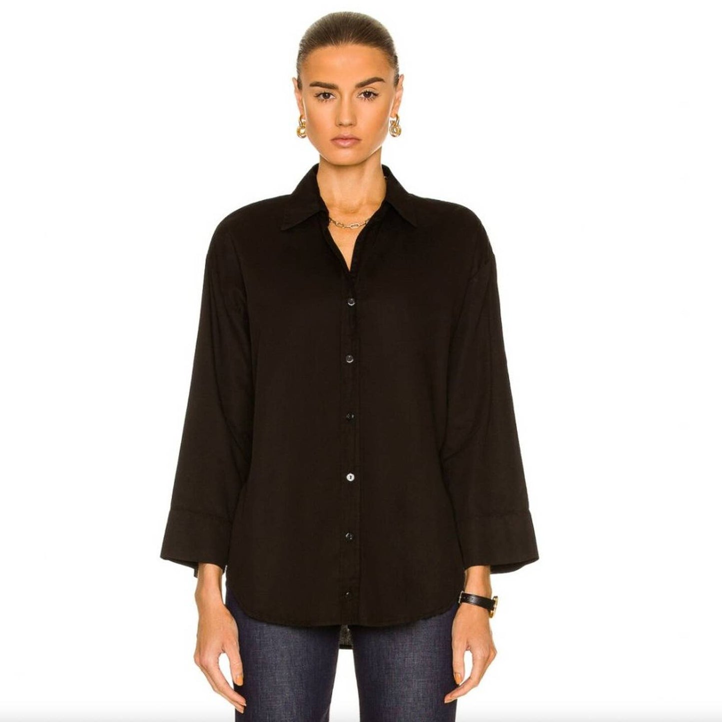 NEW Enza Costa Cool Cotton Tunic Shirt in Black Long Sleeve Button Down Up Large