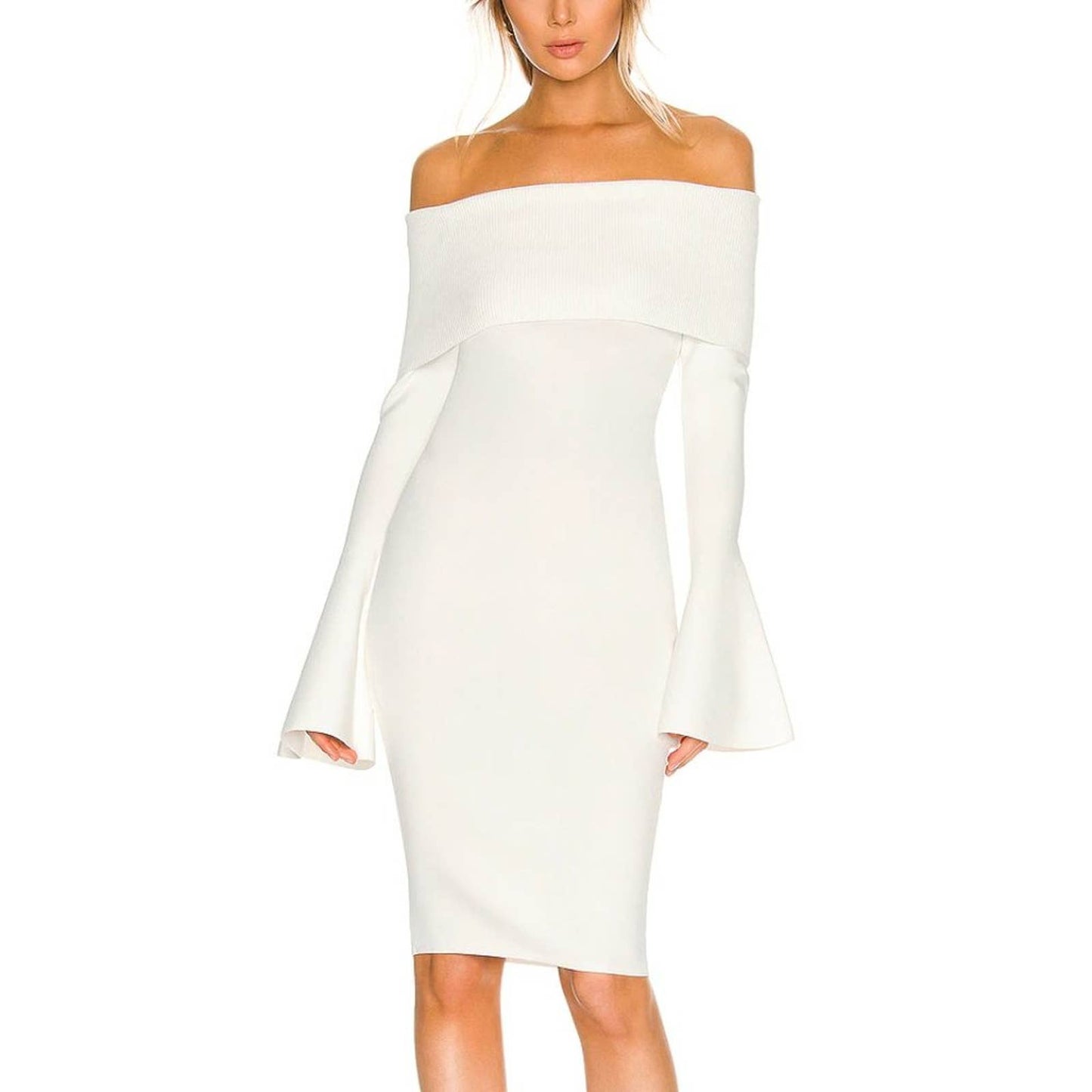 SOLACE London Mori Midi Dress in Cream White Medium M Classy Long Bell Sleeve