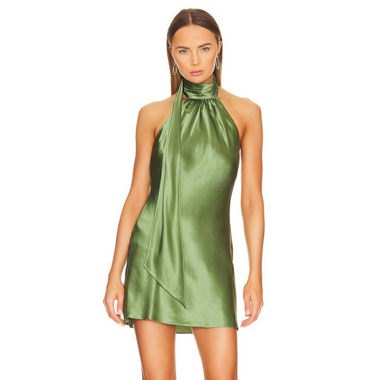 NEW Cinq a Sept Dinah Mini Dress in Bonsai Green Silk Satin Halter 4 / Small