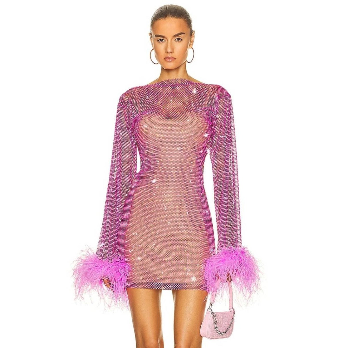 NEW Santa Brands FWRD Feathers Mini Dress Pink Purple Long Sleeve Crystal Mesh