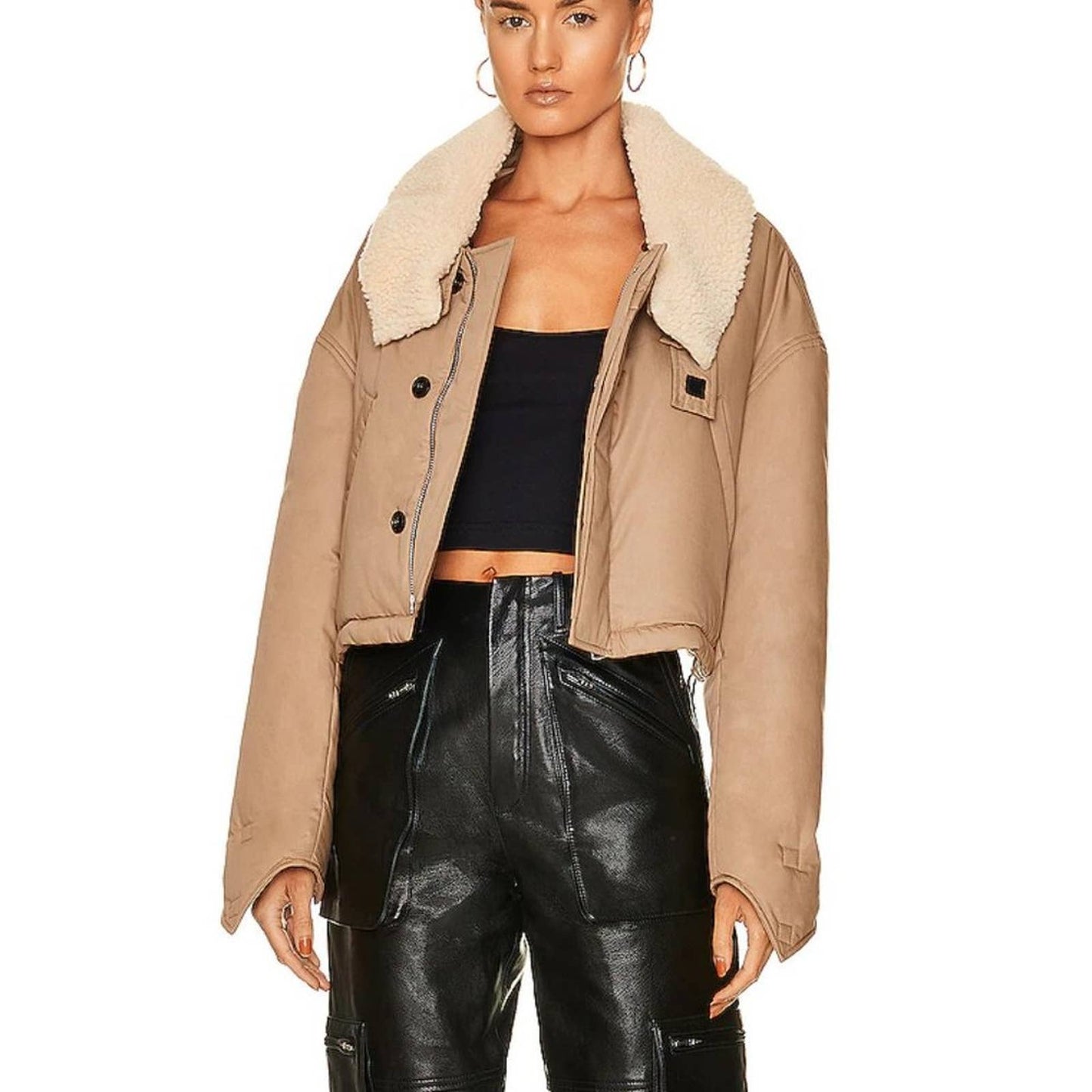 Amiri Short Parka in Dark Khaki - Tan Brown Cropped Bomber - Small S