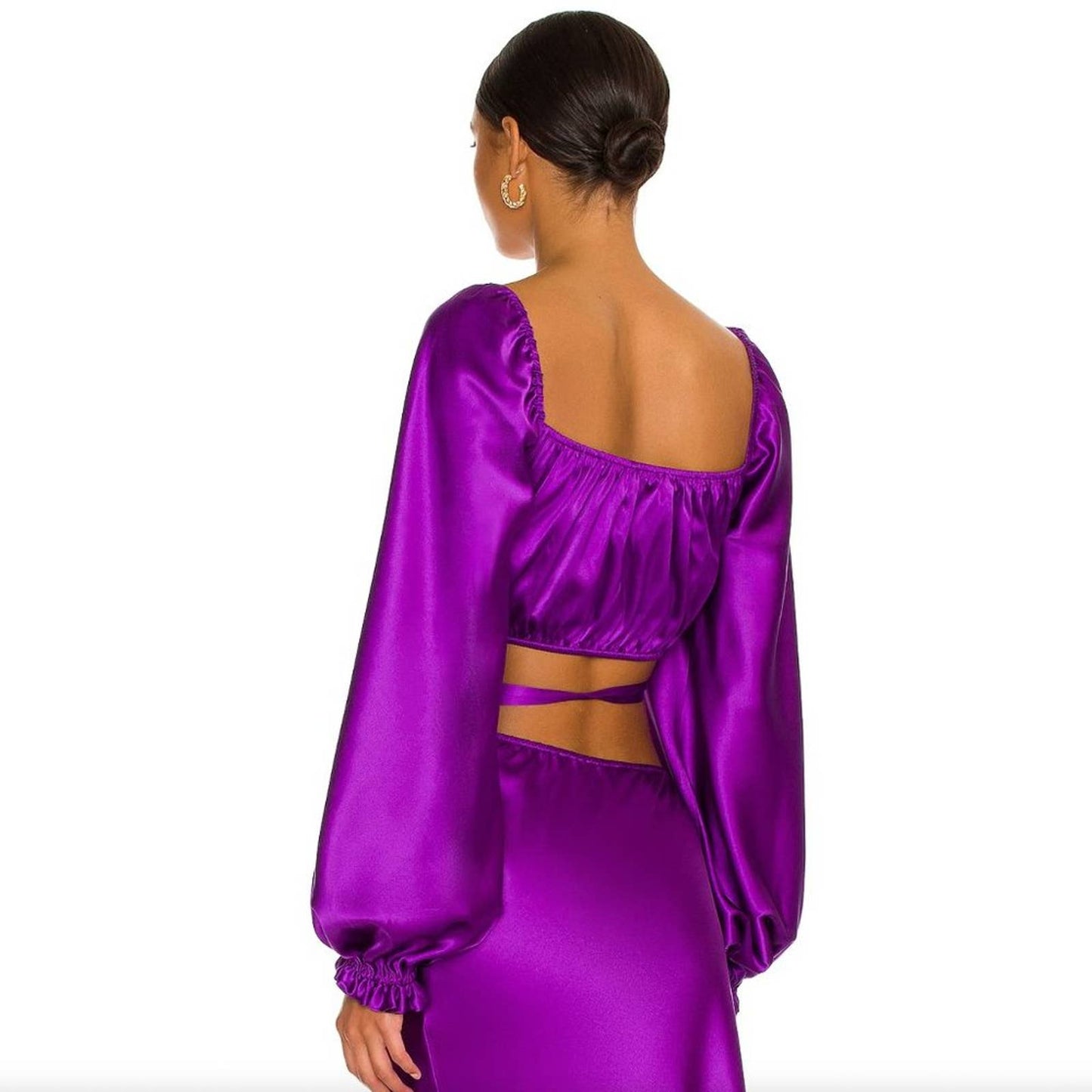 NEW Silk Roads by Adriana Iglesias Estela Crop Top Purple Wrap Satin Long Sleeve