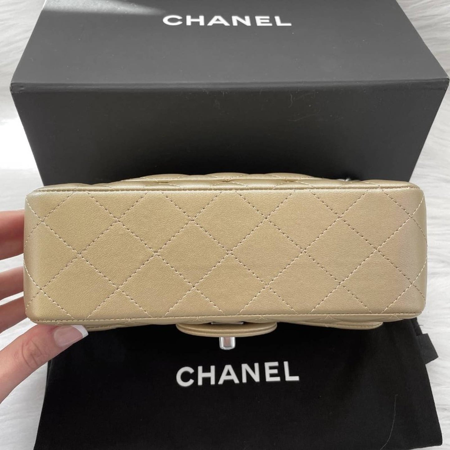 Chanel Mini Rectangle Classic Flap Bag in Golden Metallic Gold Lambskin Silver