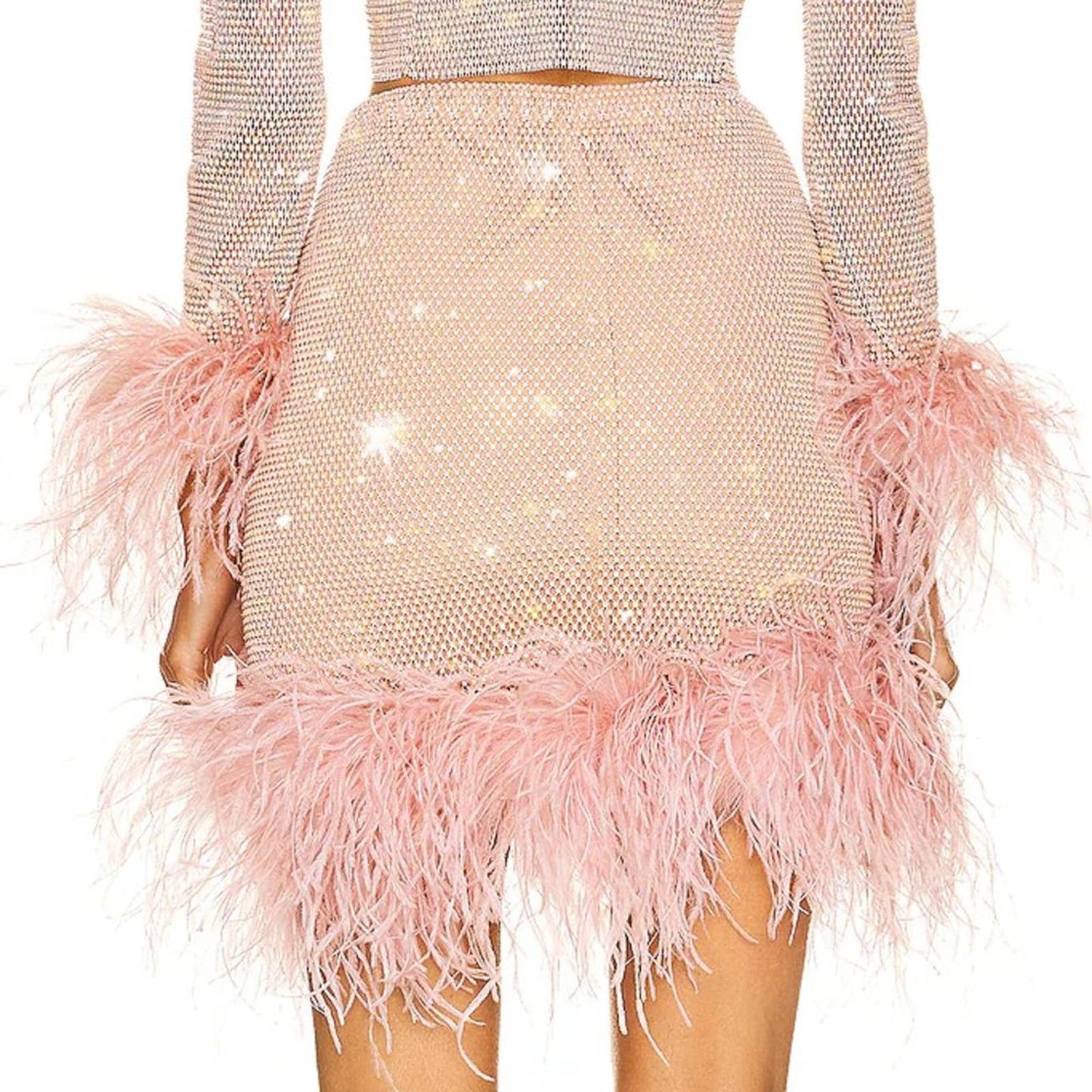 NEW Santa Brands Feathers Mini Skirt in Blush - Pink Nude Rhinestone Mesh XS / S