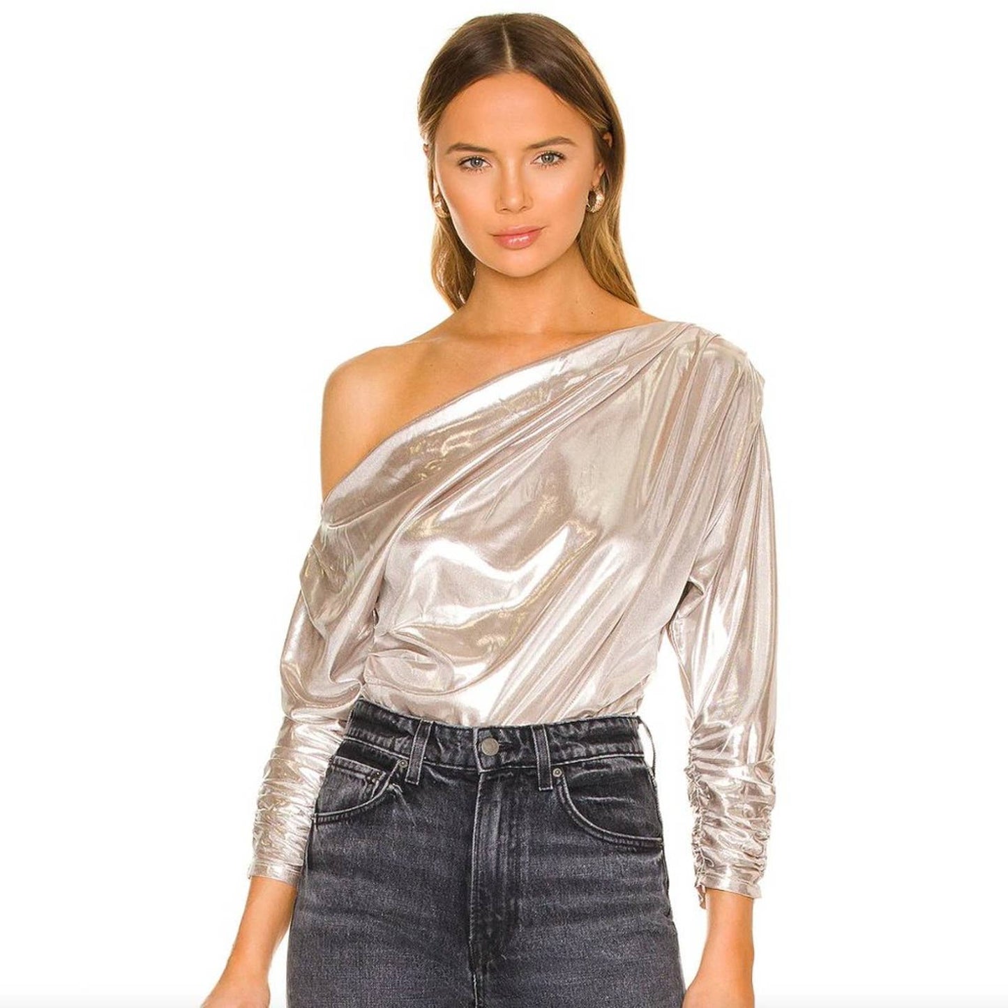 ASTR the Label Lorella Bodysuit in Silver Metallic Long Sleeve Off Shoulder XS