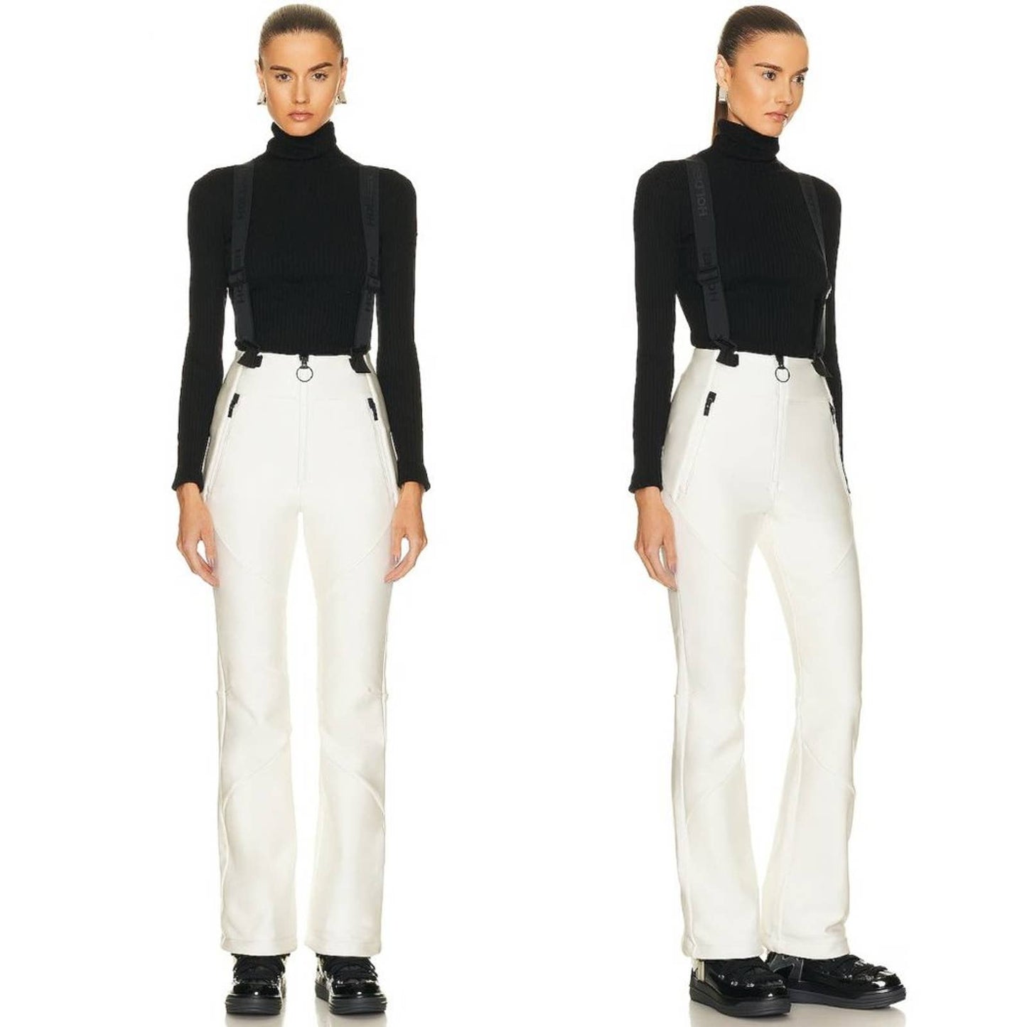 HOLDEN High Waisted Stretch Ski Snow Pant in Pearl White + Black Suspenders XS