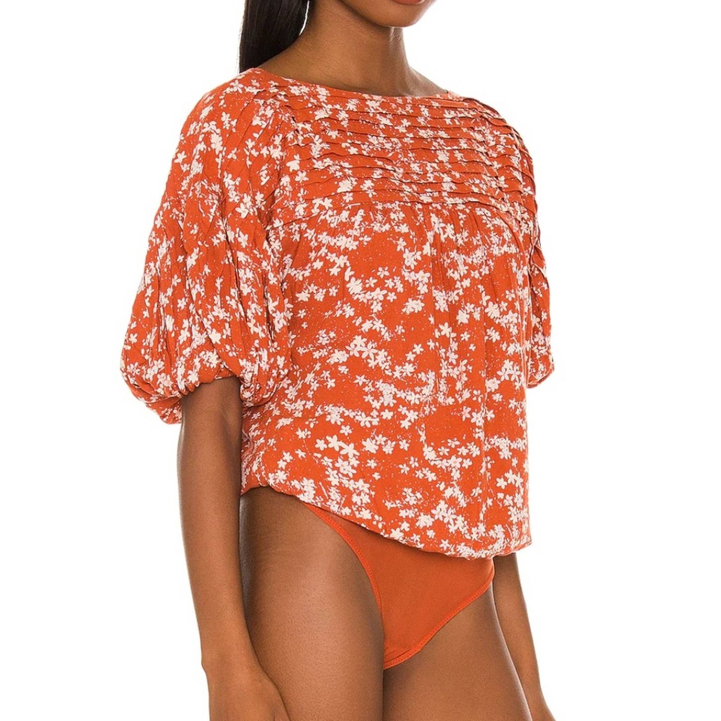 NEW Free People Dessa Bodysuit Top in Rust Combo Orange White Floral Small S