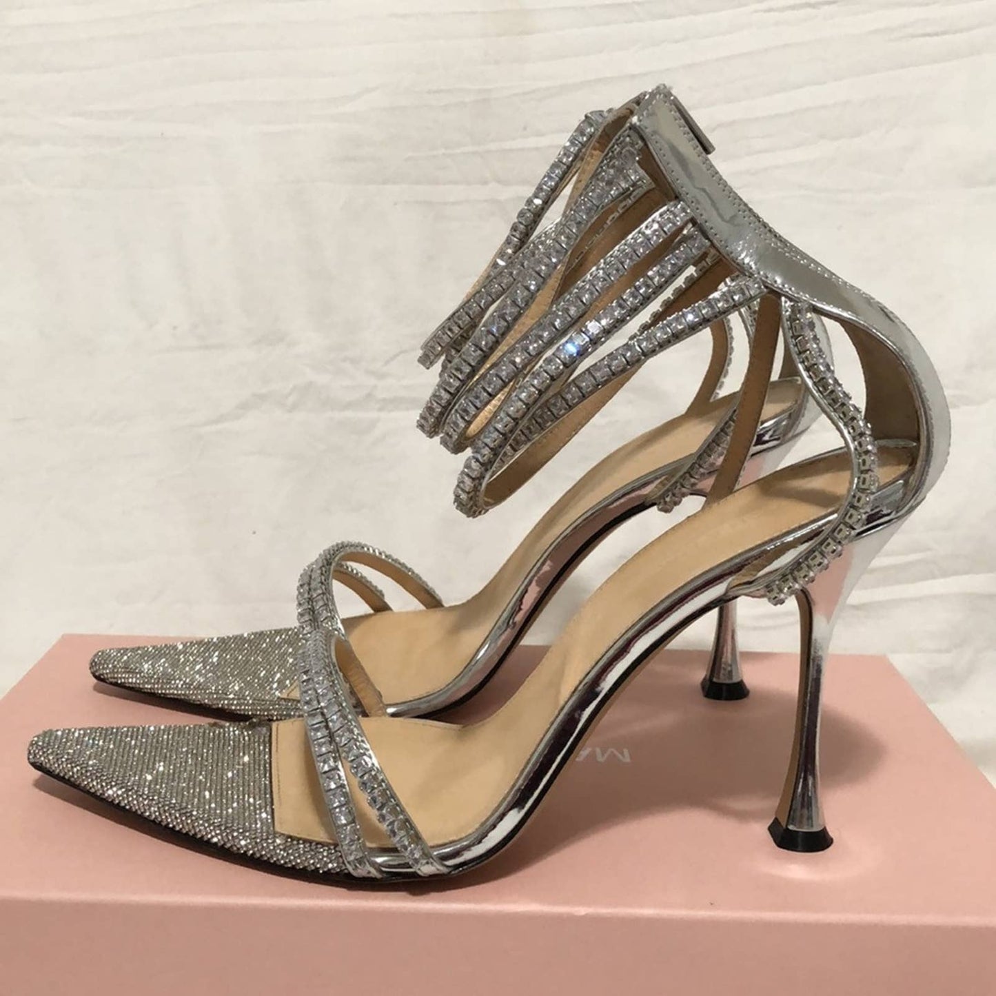 MACH & MACH Gaia Crystal Trimmed Pointed Toe Heeled Sandal Silver Heels 41 / 11