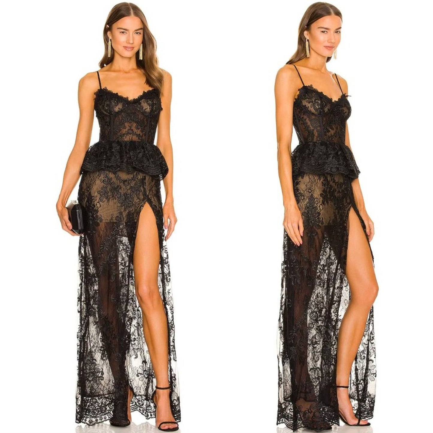 NEW V. Chapman Ophilia Dress in Black Lace Peplum Maxi Gown - 2 / XS