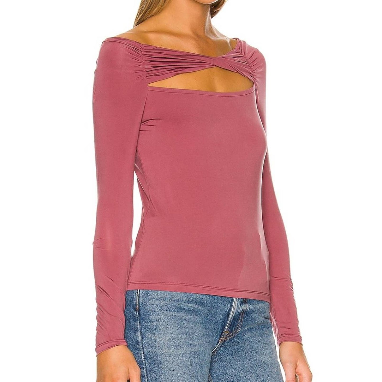 NEW JONATHAN SIMKHAI STANDARD Ishani Slinky Jersey Long Sleeve Twist Top Plum S