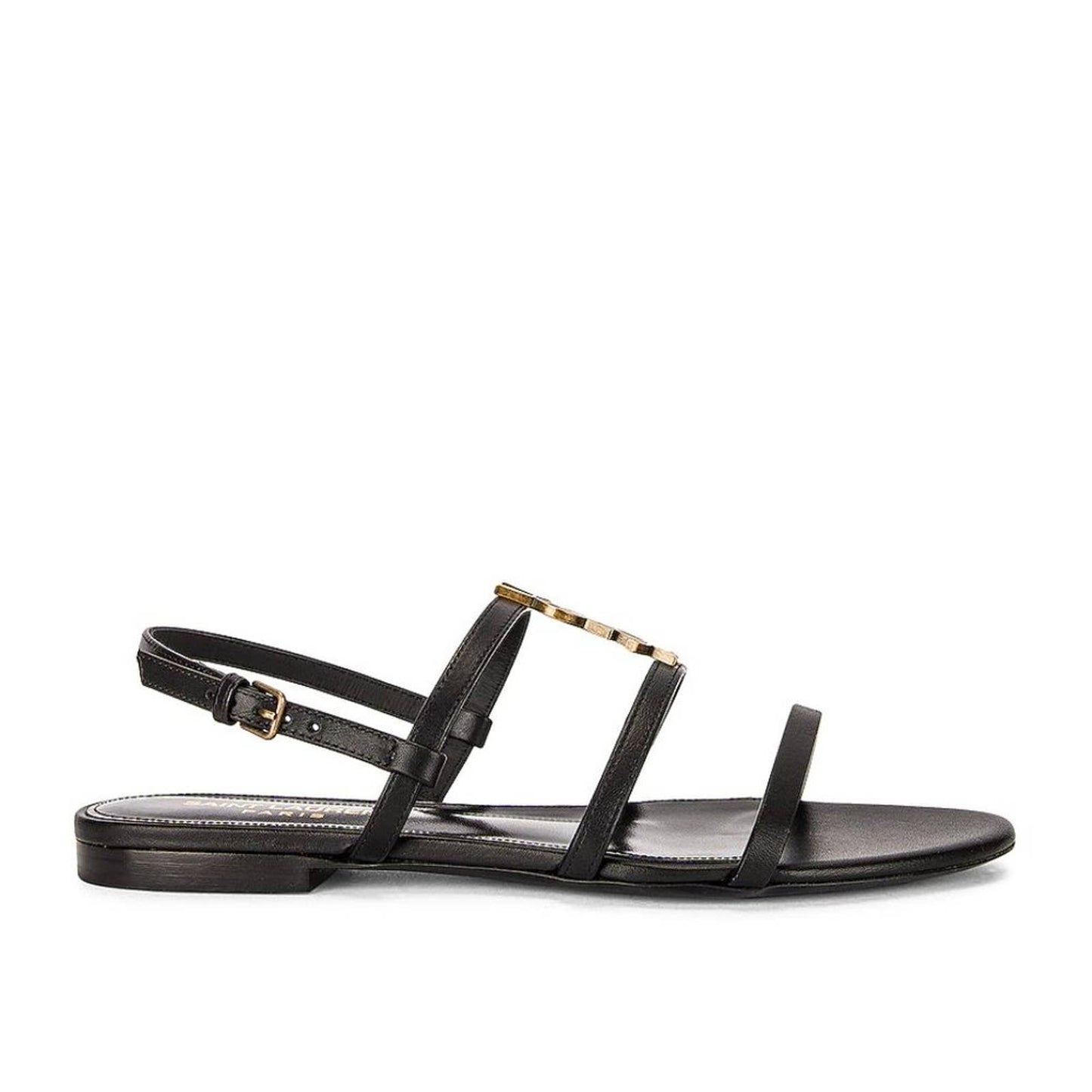 NEW Saint Laurent Cassandra Leather Flat Sandals Nero Black Gold YSL Logo 37 / 7