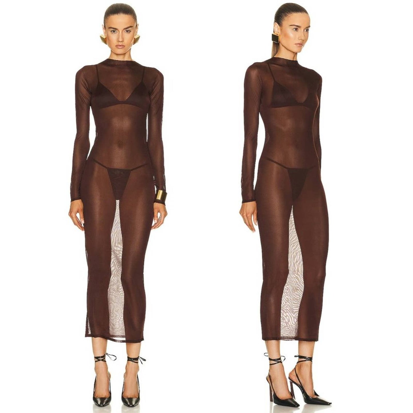 NEW Saint Laurent Long Sleeve Dress Chocolate Sheer Brown Mesh Maxi Midi XS