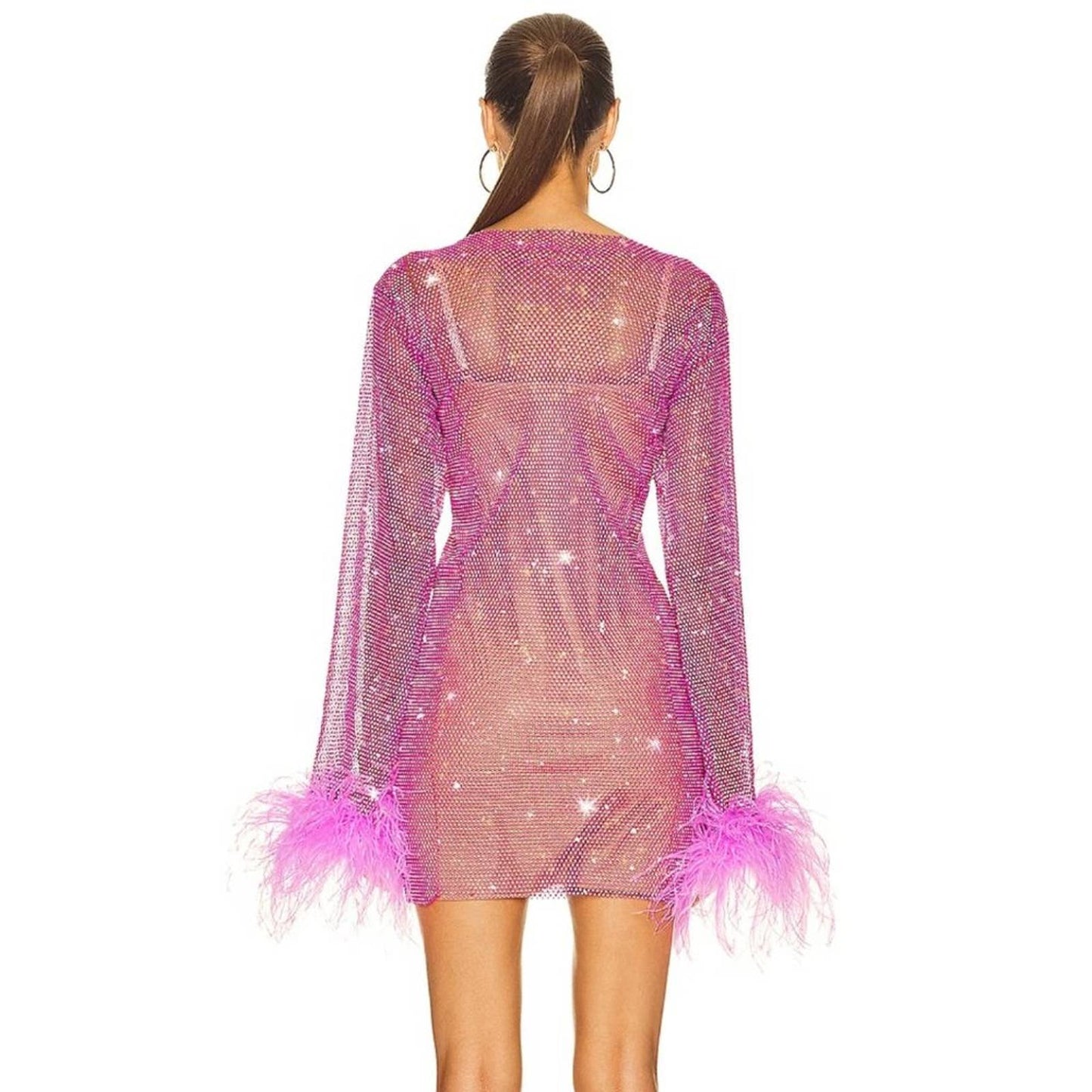 NEW Santa Brands FWRD Feathers Mini Dress Pink Purple Long Sleeve Crystal Mesh