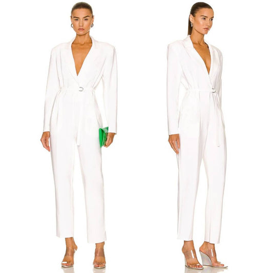 NEW Norma Kamali Single Breasted Tapered Leg Jumpsuit Snow White Long Sleeve XS