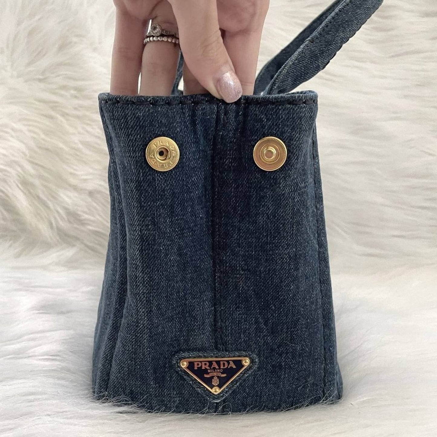 PRADA Canapa Mini Logo Tote Bag in Dark Wash Blue Denim Vintage Top Handle