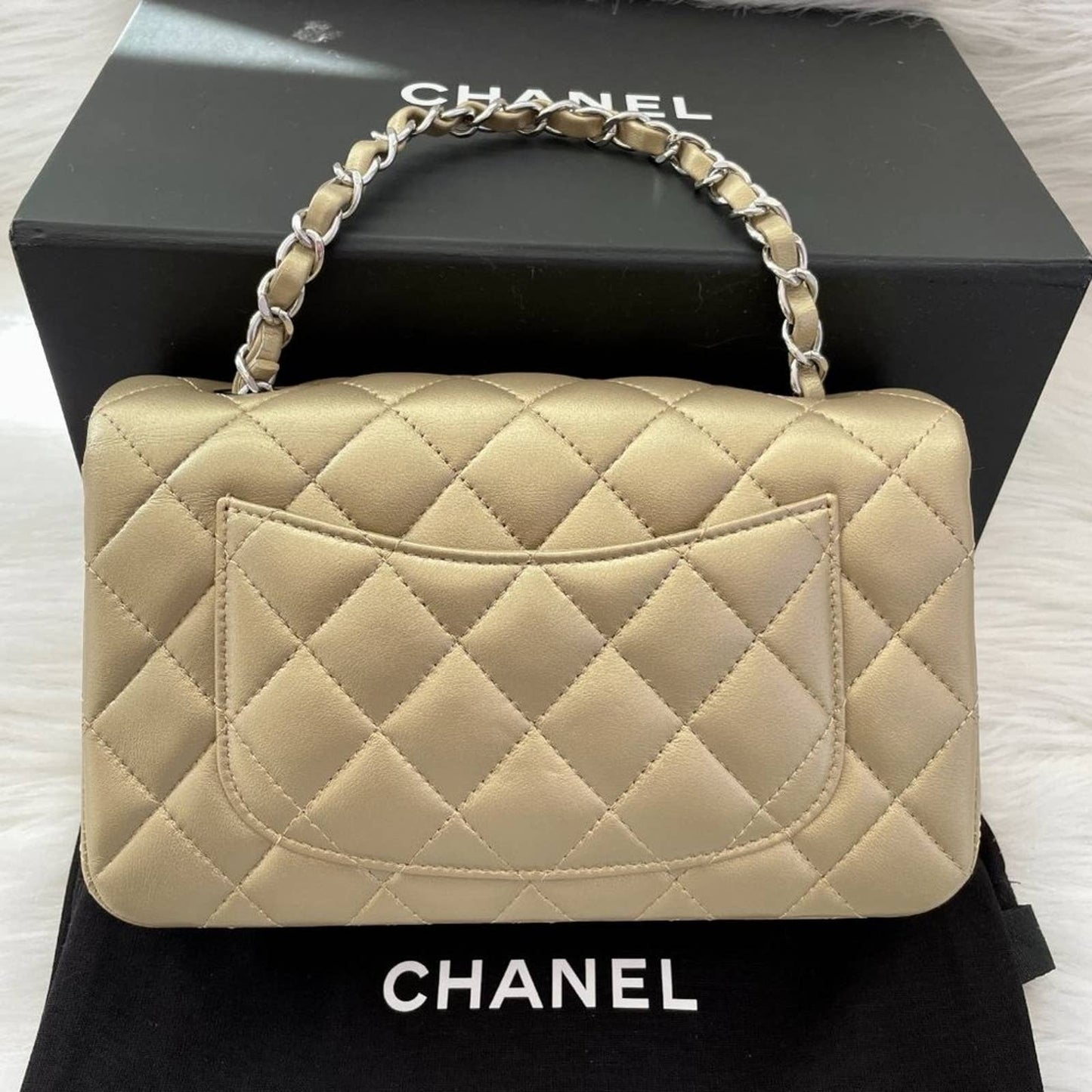 Chanel Mini Rectangle Classic Flap Bag in Golden Metallic Gold Lambskin Silver