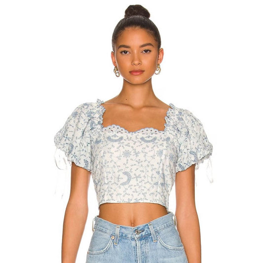 NEW LoveShackFancy Melina Crop Top Ivory Shores White Blue Puff Sleeve 4 Small