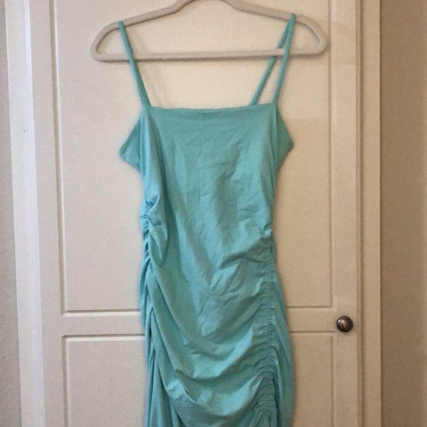 NEW Susana Monaco Ruched Slit Maxi Dress Fresh Water Light Sky Aqua Blue Medium