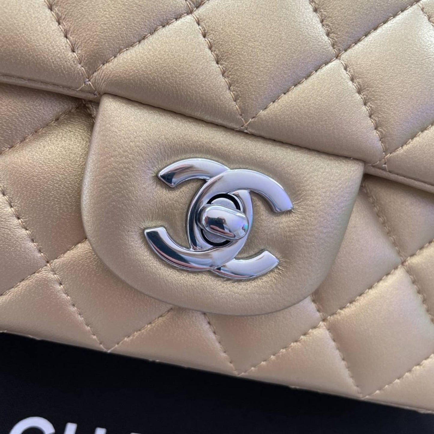 Chanel Mini Rectangle Classic Flap Bag in Golden Metallic Gold Lambskin Silver