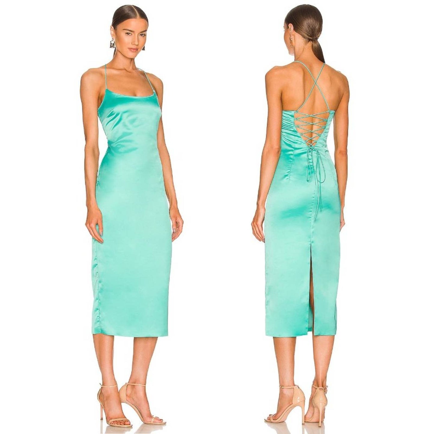 NEW Bardot Sophie Midi Dress in Aqua Blue Mint Green Satin Silk - Size 4 - Small