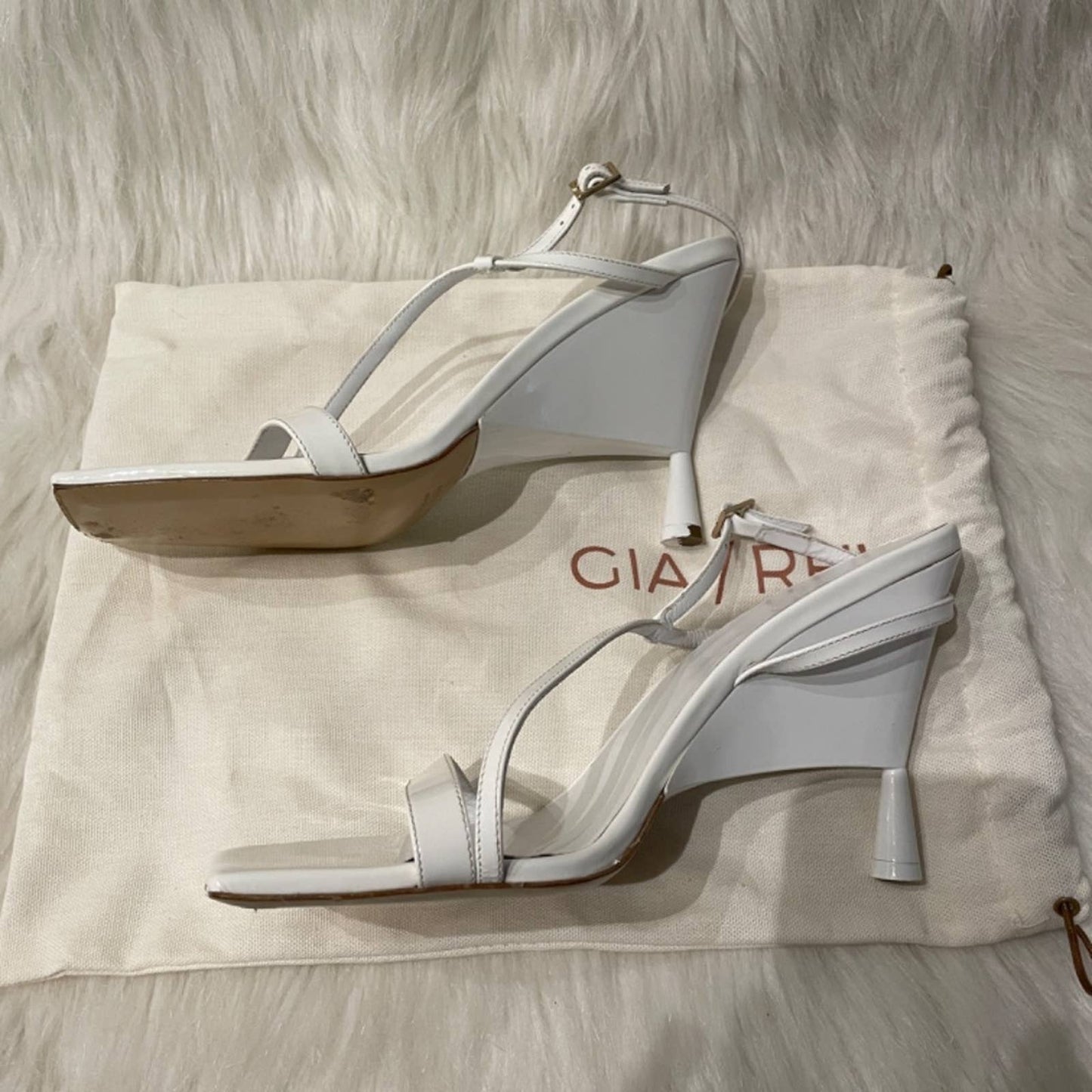 GIA BORGHINI x RHW Strappy Sandal White Patent Heeled Wedge Heels 41 / 11