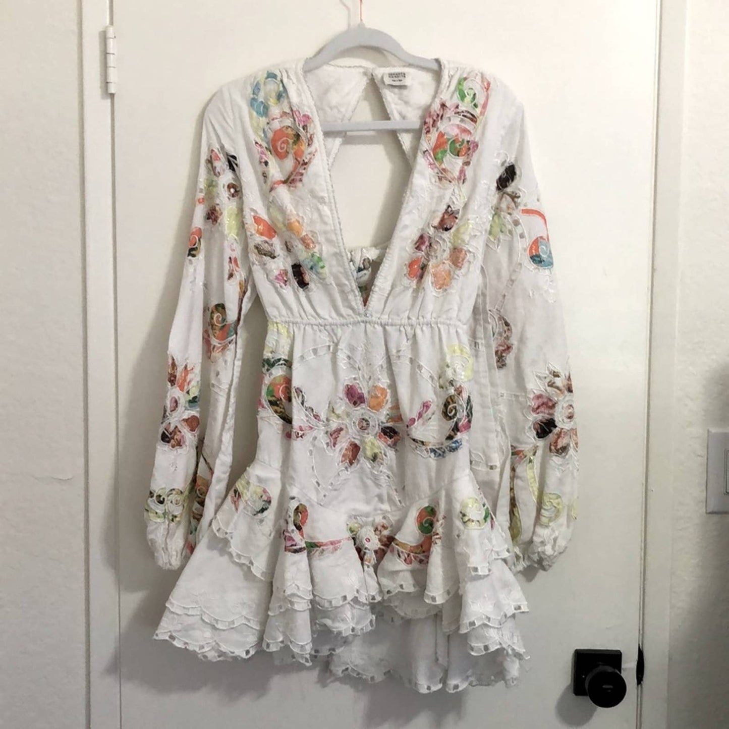 NEW HEMANT AND NANDITA Cora Frilly Mini Dress Motley White Long Sleeve Medium M