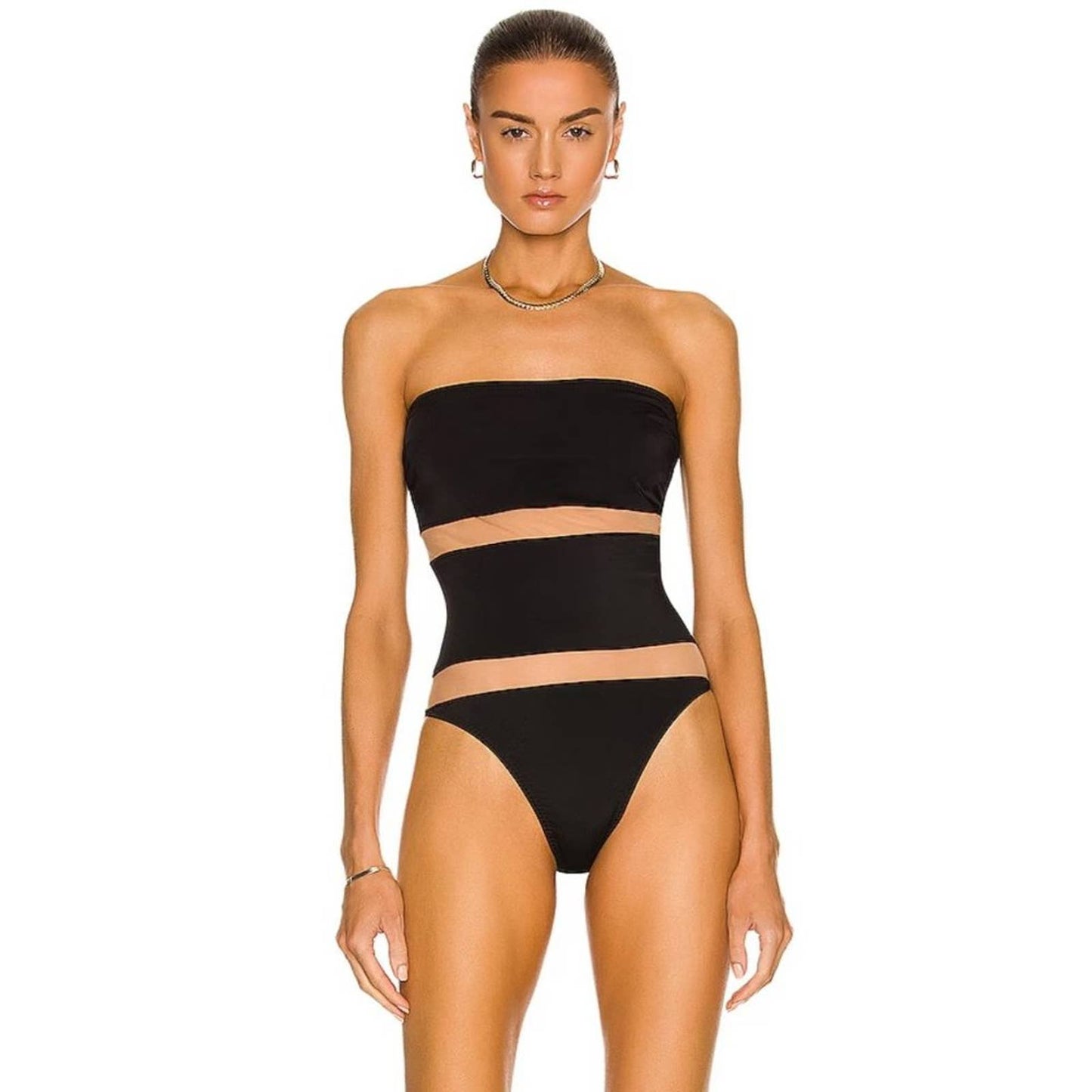 NEW Norma Kamali Bishop Nude Insert One Piece Swimsuit in Black Nude Mesh Large