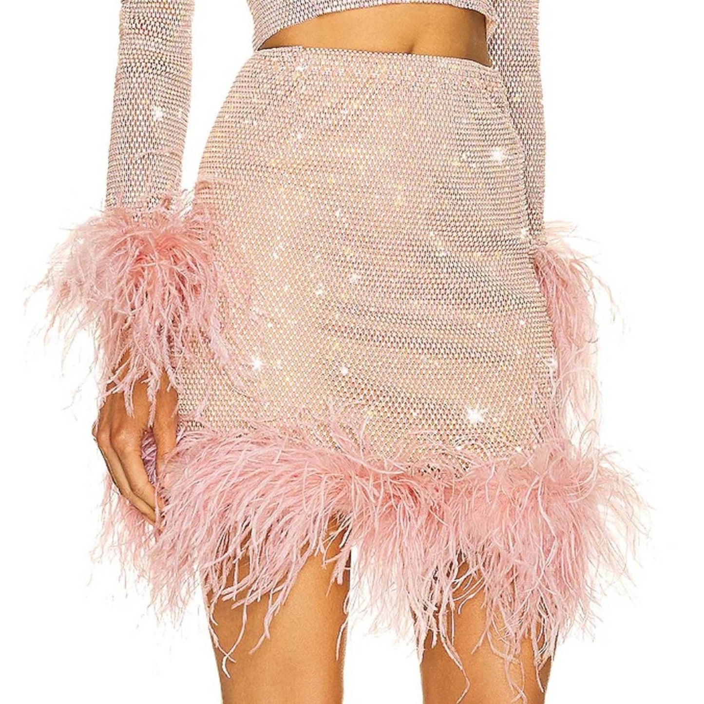 NEW Santa Brands Feathers Mini Skirt in Blush - Pink Nude Rhinestone Mesh XS / S