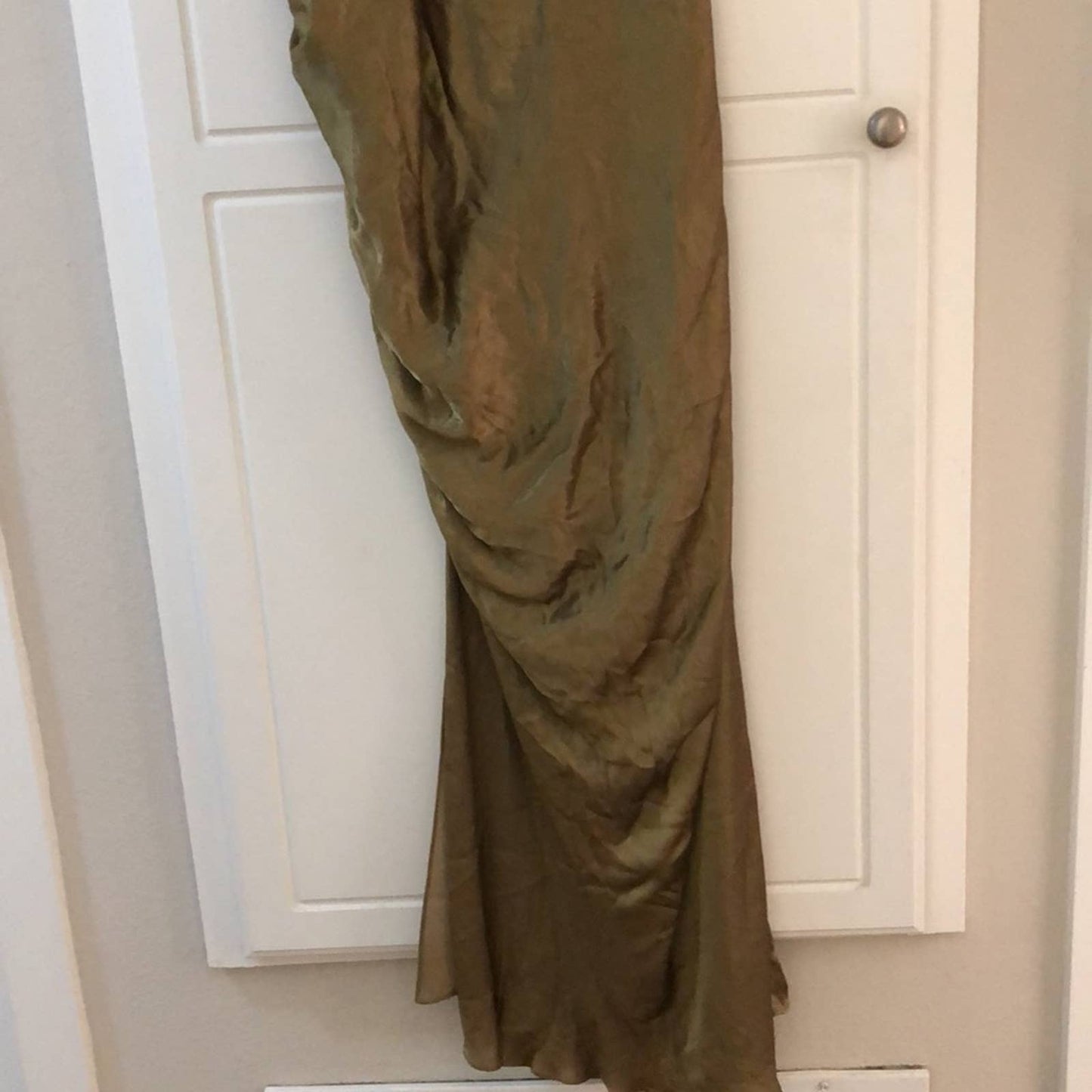 NEW Shona Joy Thalia Bias Ruched Midi Dress Cumin Olive Green Tan 8 Medium Large