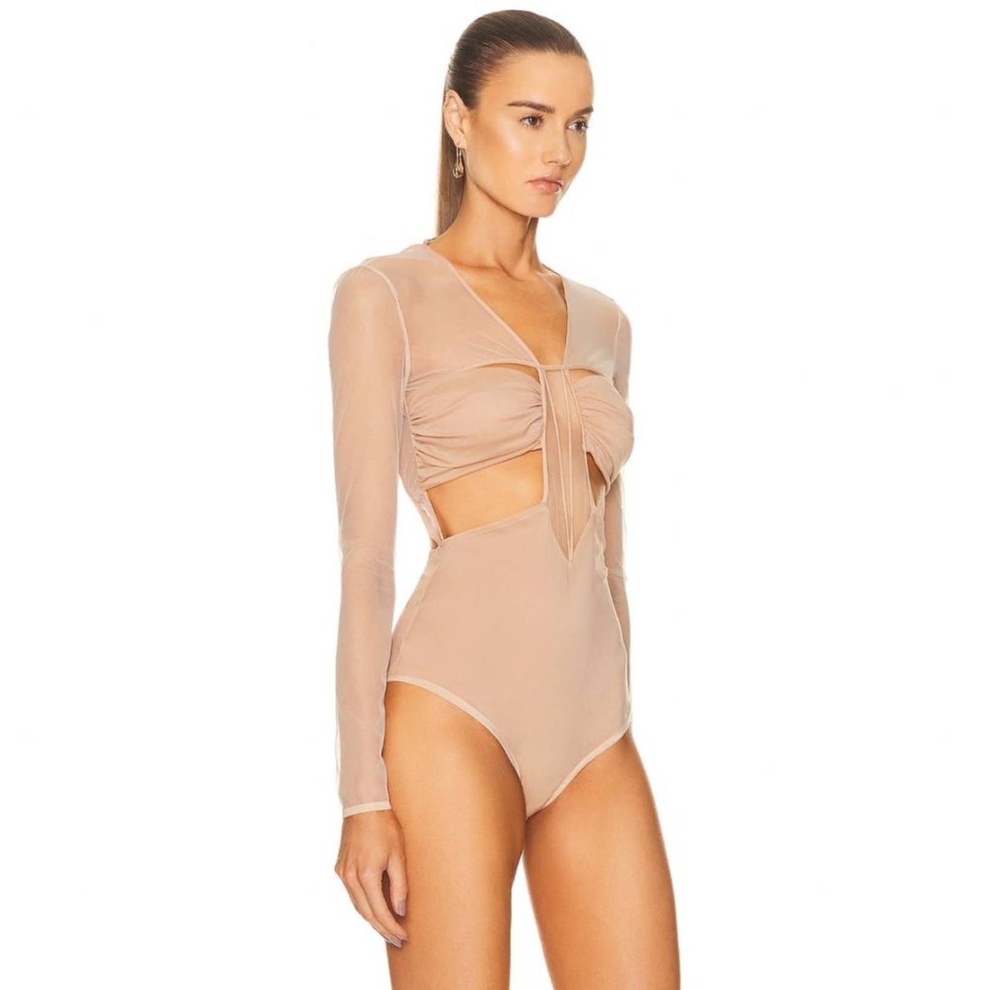 Nensi Dojaka Gathered Long Sleeve Bra Top Bodysuit in Sable Nude Tan Mesh Small