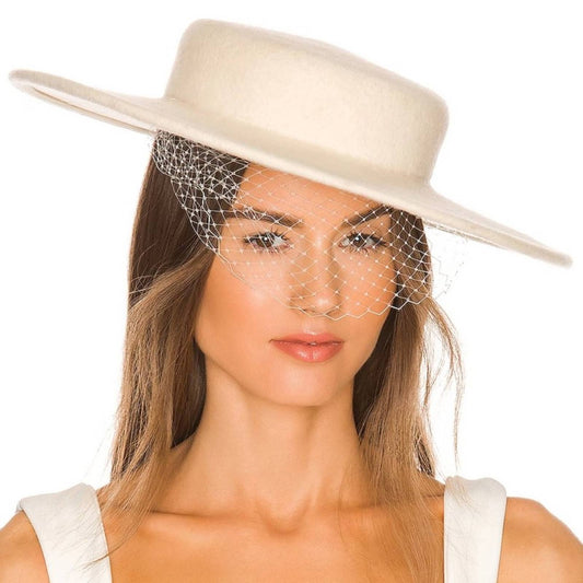 Monrowe Boater Hat With Veil Hat in Cream White Wool Wide Brim Large