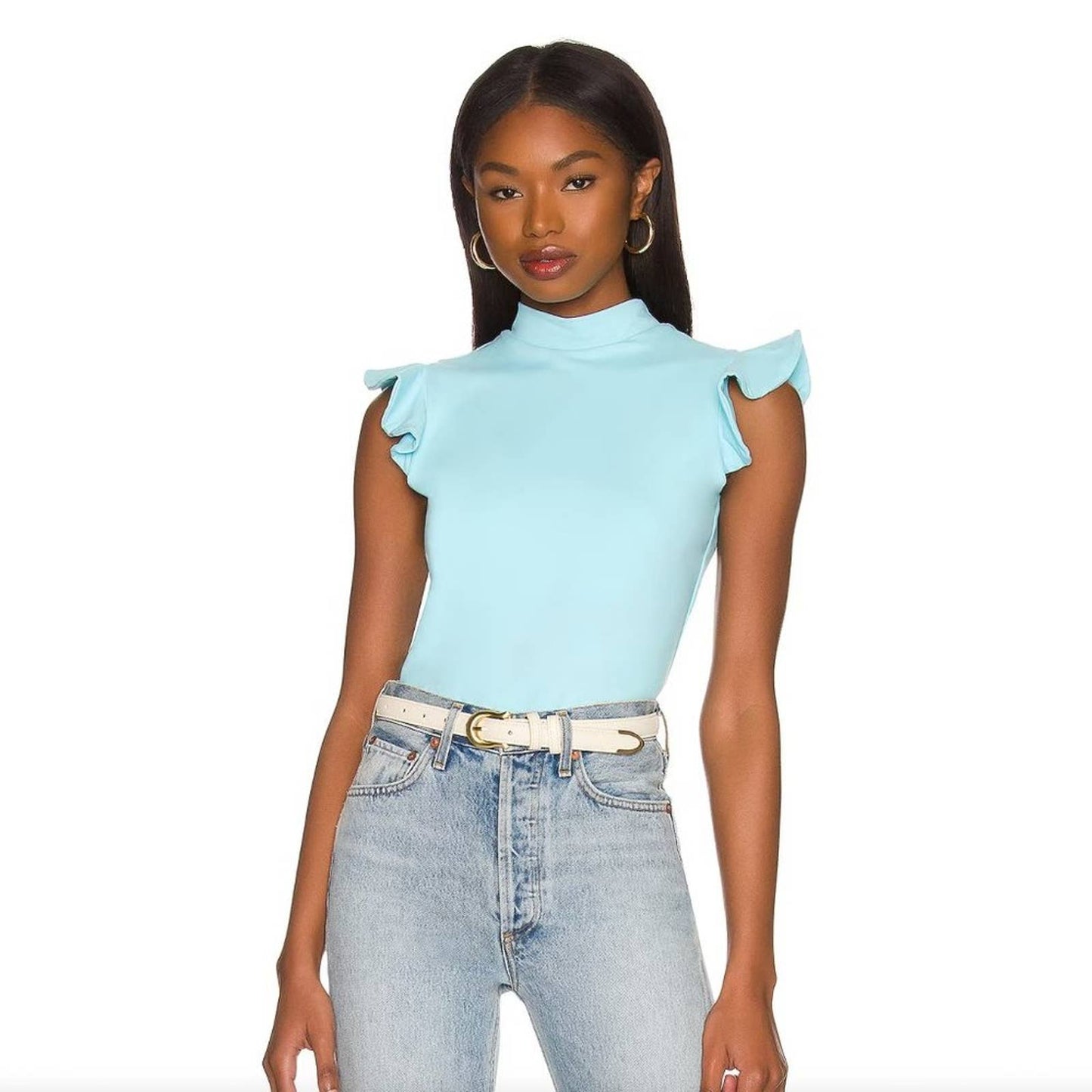 NEW Susana Monaco x REVOLVE Ruffle Mock Neck Top in Fresh Water Aqua Blue Tee S