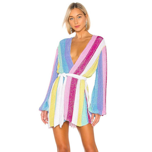 NEW retrofete Gabrielle Robe Mini Dress Unicorn Stripes Long Sleeve XS XSmall