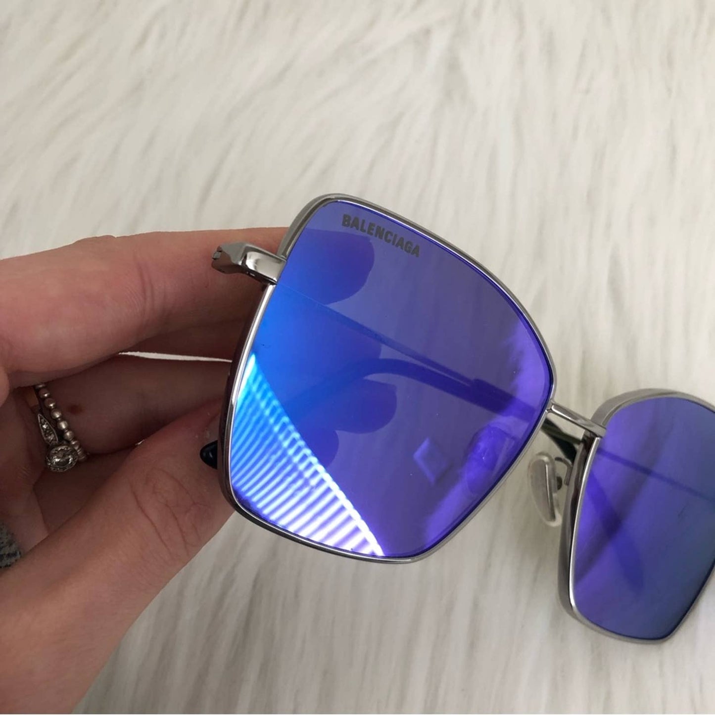 Balenciaga Trim Square Sunglasses in Ruthenium Blue Silver Oversized Sun Glasses