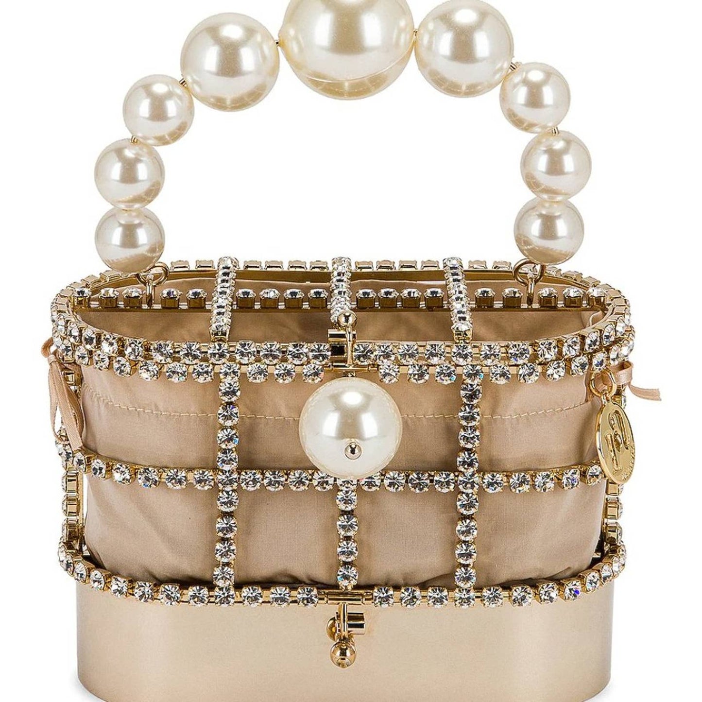 NEW Rosantica Holli Hide And Seek Bag in Gold With Crystals & Pearls Beige Tan