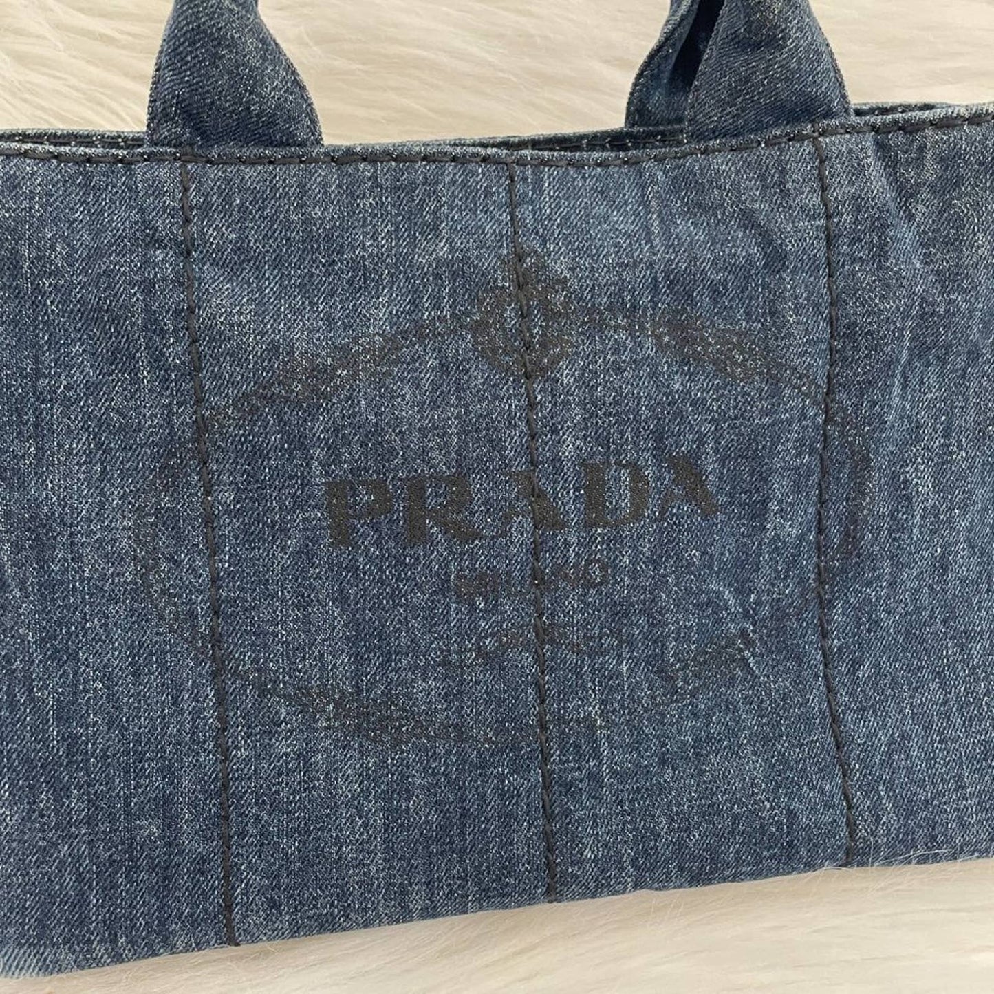 PRADA Canapa Mini Logo Tote Bag in Dark Wash Blue Denim Vintage Top Handle