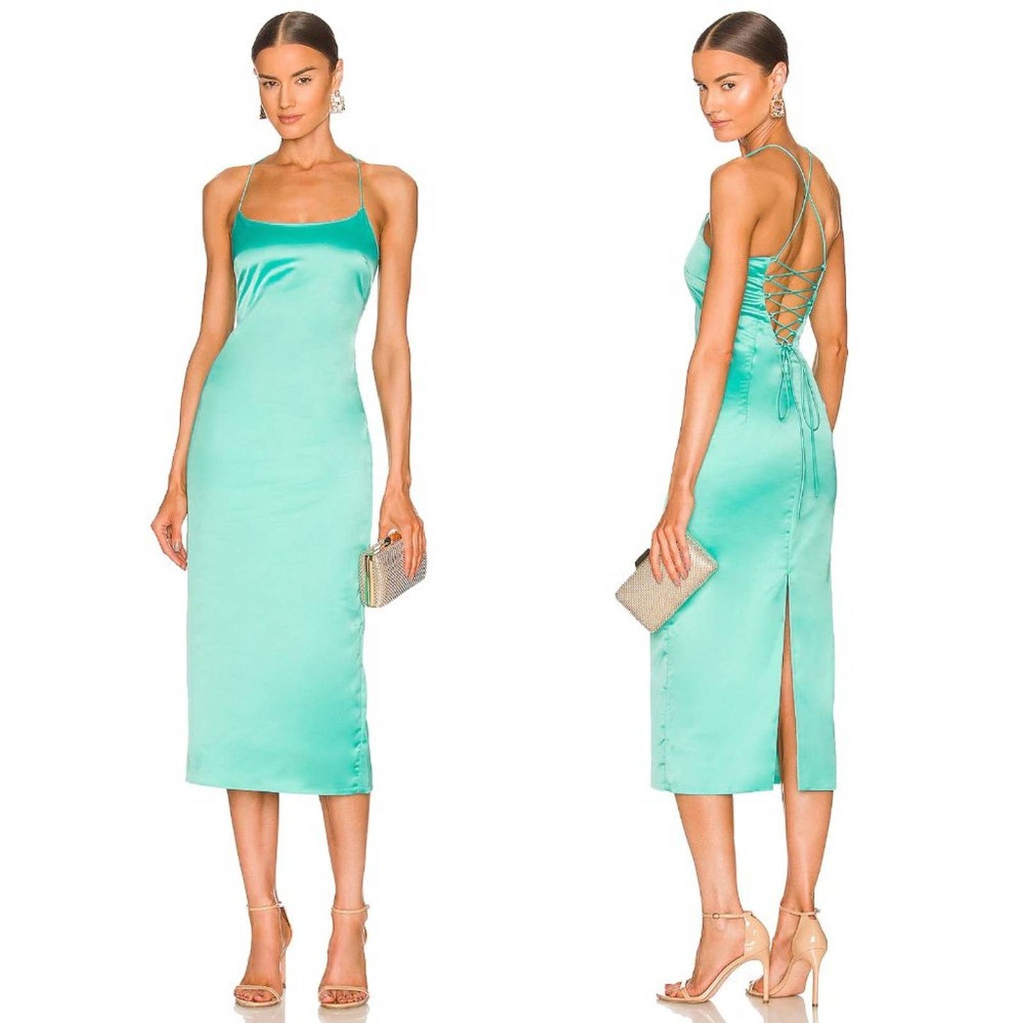 NEW Bardot Sophie Midi Dress in Aqua Blue Mint Green Satin Silk - Size 4 - Small