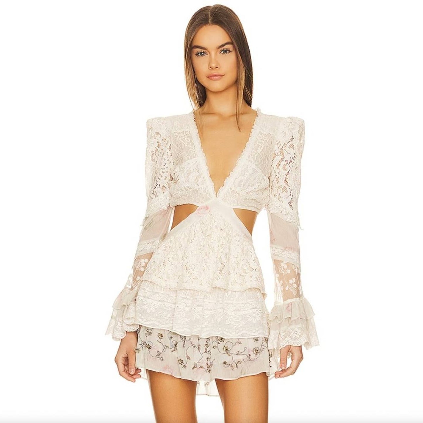 NEW LoveShackFancy Karine Mini Dress Magnolia Tea White Cream Lace Long Sleeve