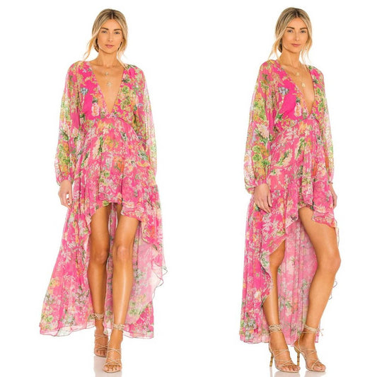 NEW HEMANT AND NANDITA Miyu High Low Dress in Pink Floral Long Sleeve Maxi Small